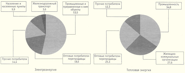 Структура потребления электрической и тепловой энергии в 1998